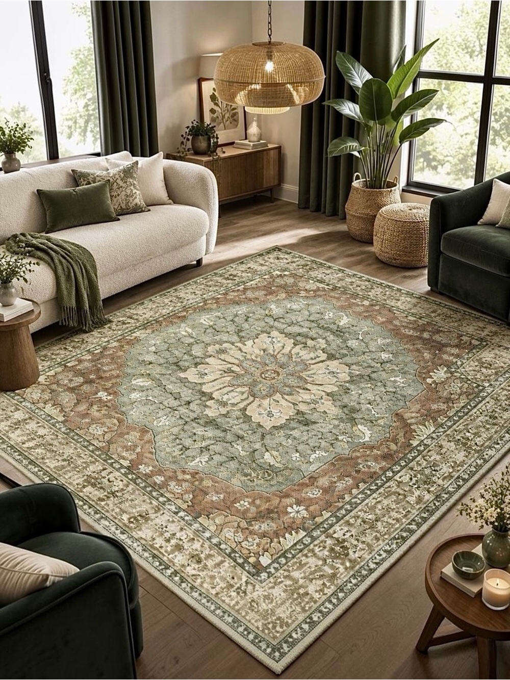 NEW West Elm Green Moroccan Boho Floral Washable Area Rug Carpet - 5' x 7'
